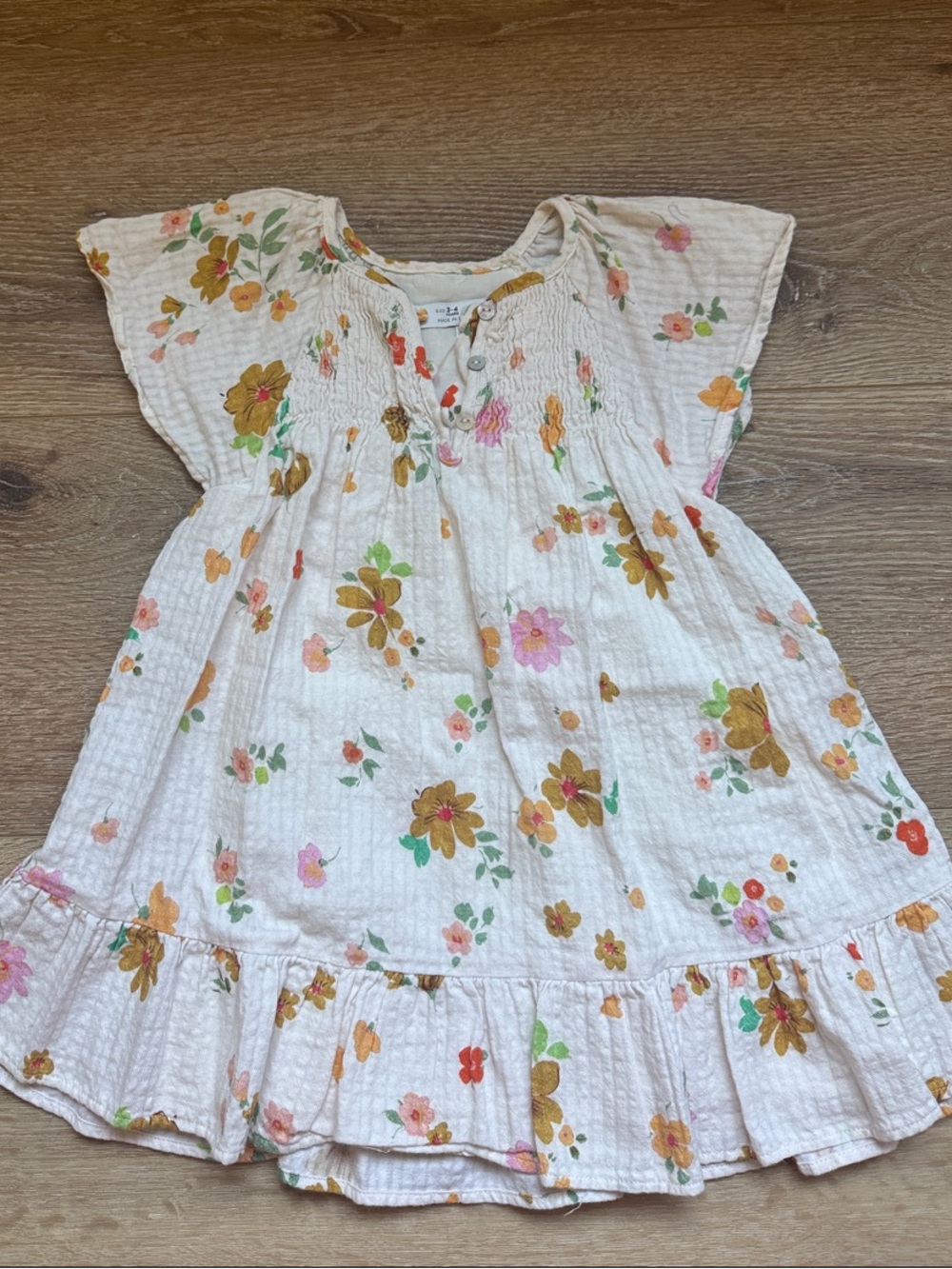 Zara White Floral Cotton Dress with Yellow & Pink Flowers